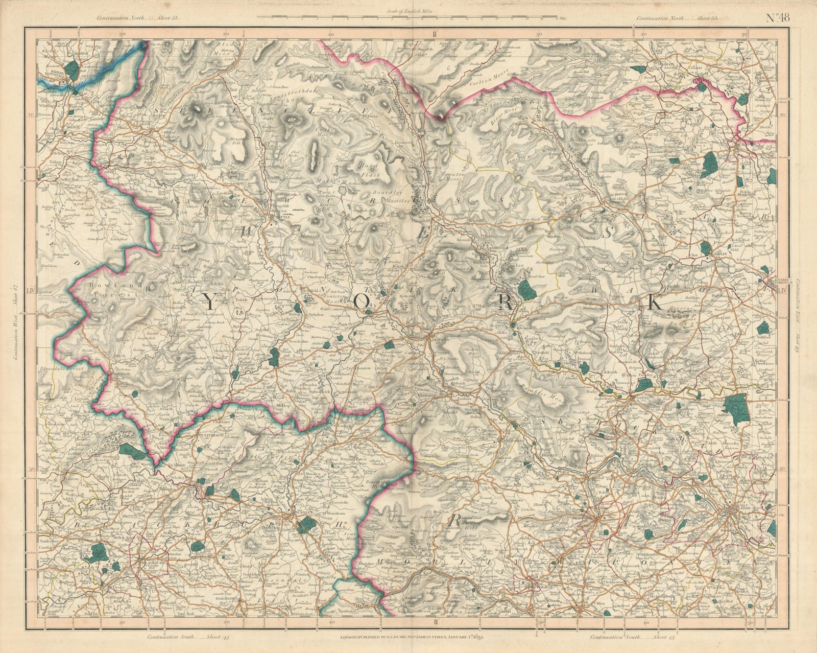 SOUTH YORKSHIRE DALES. Yorkshire West Riding, NE Lancashire. CARY 1832 old map